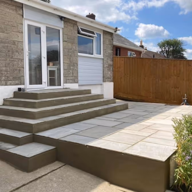 Newly constructed steps to a bungalow
