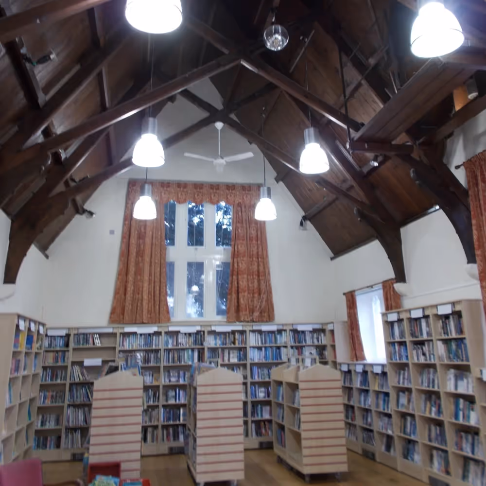 Books in bookcases at a library