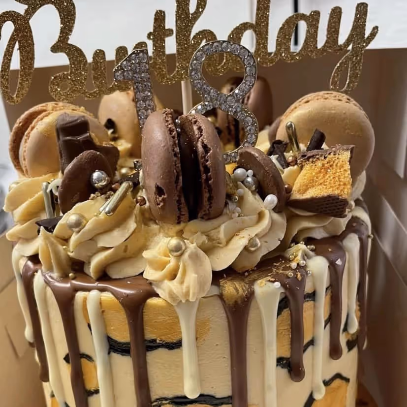 An elaborate white chocolate birthday cake