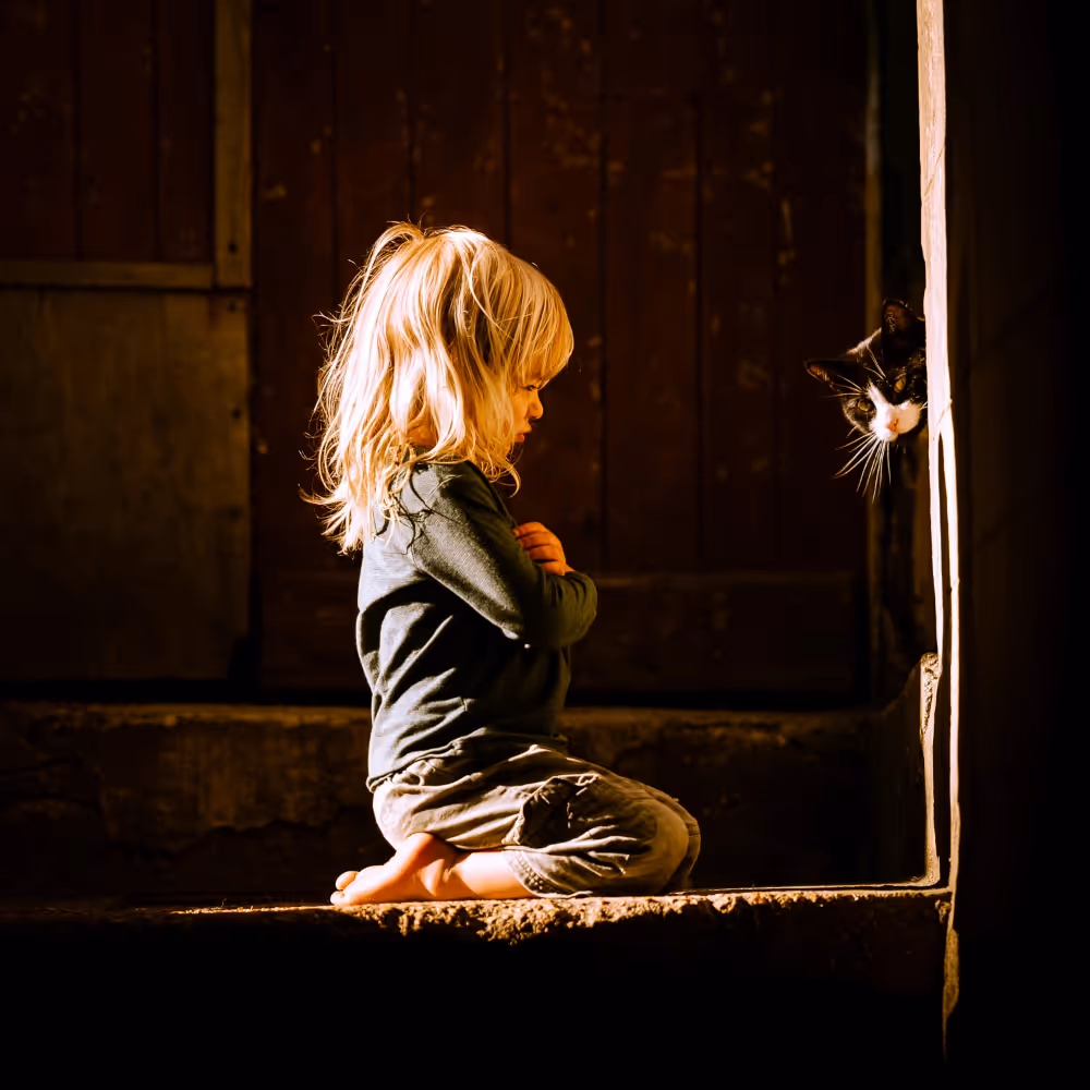 A kneeling child and a black and white cat