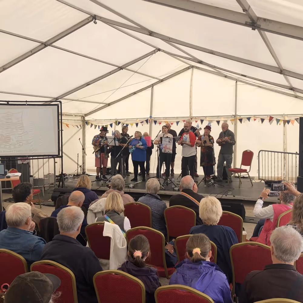 A group of ukulele players on a stage