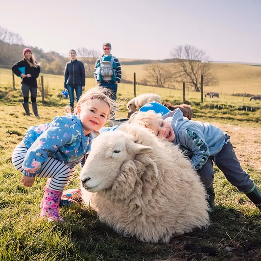 Two little girls hugging a big sheep