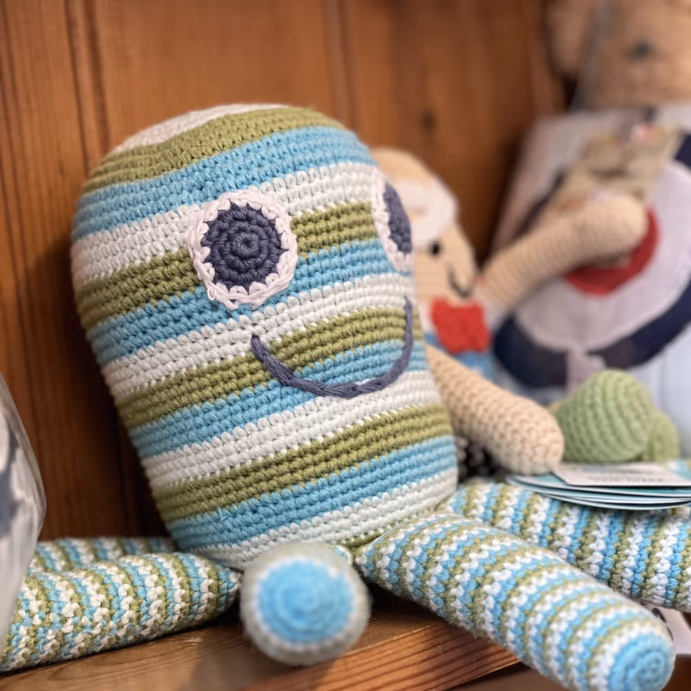 Crochet octopus in white sage and aqua