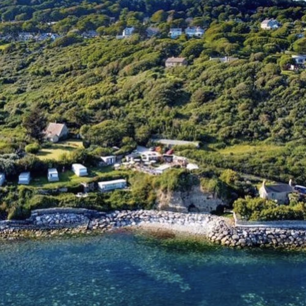 Aerial view of a caravan site by the beach