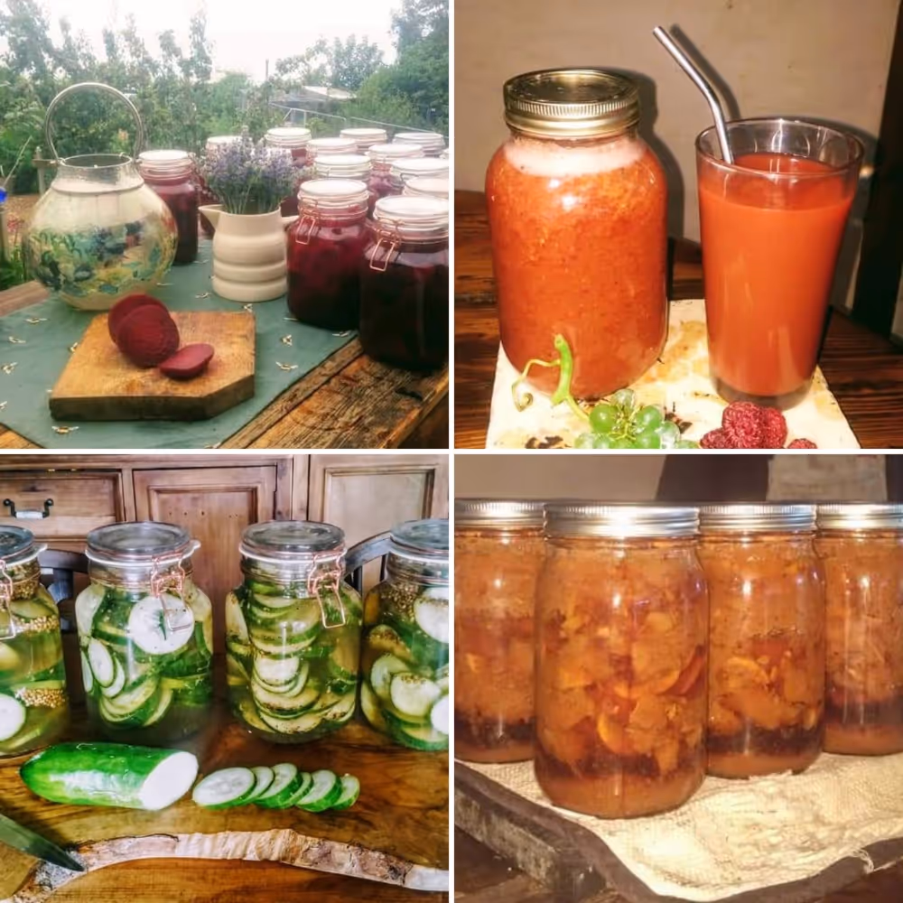 Jars of preserved fruits and vegetables