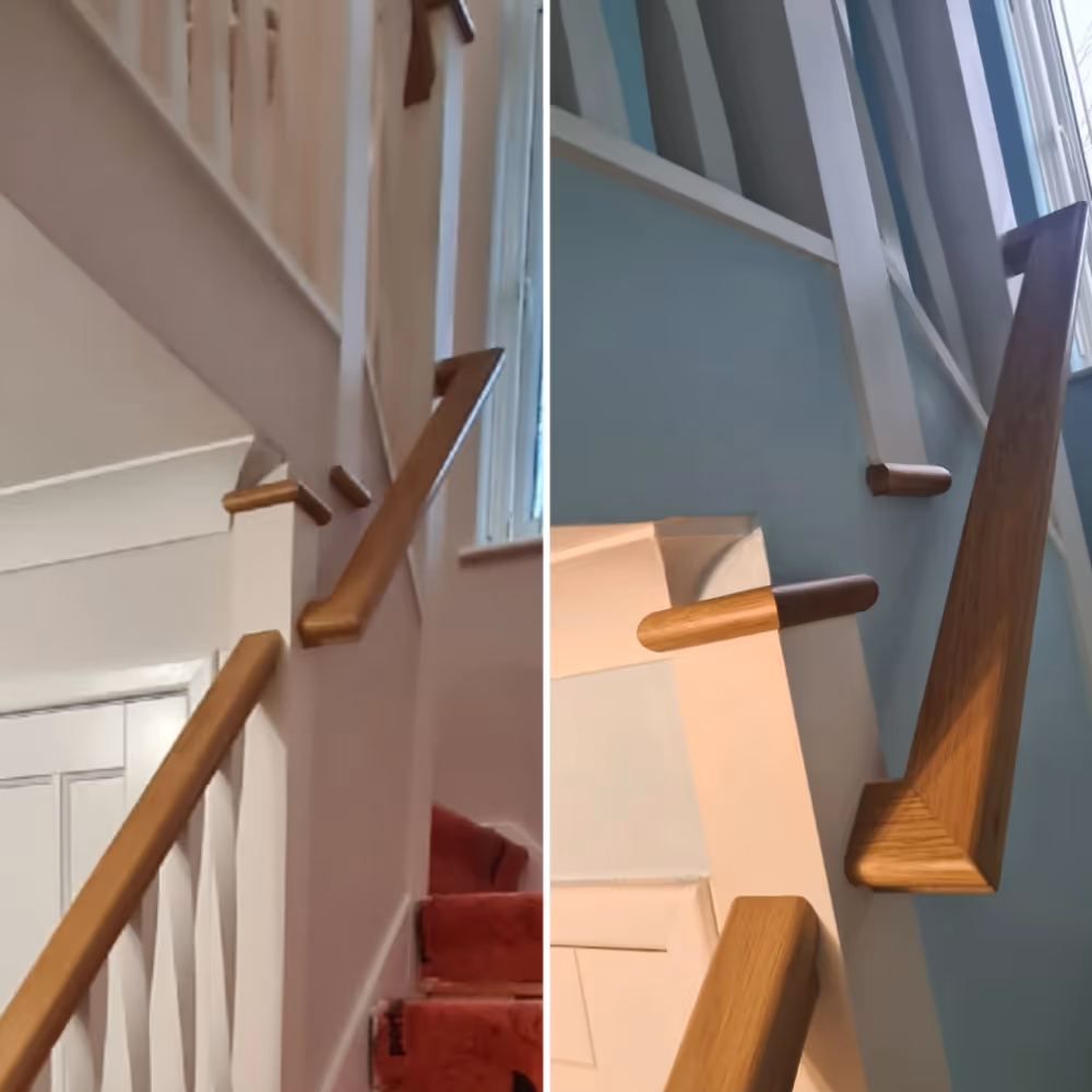 Before and after photos of a staircase paint job