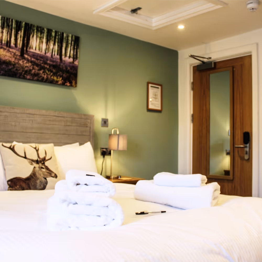 A hotel bedroom decorated in sage green with crisp white bedlinen