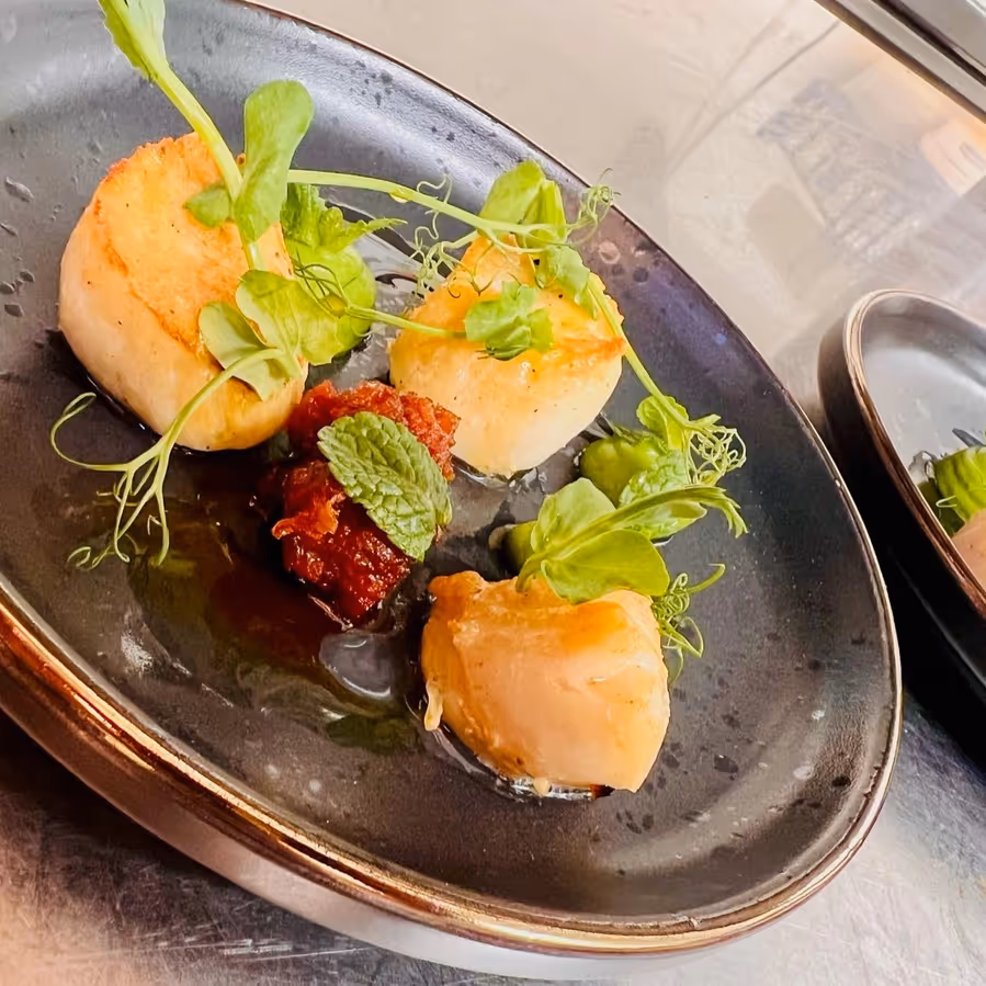 A dish of pan fried scallops