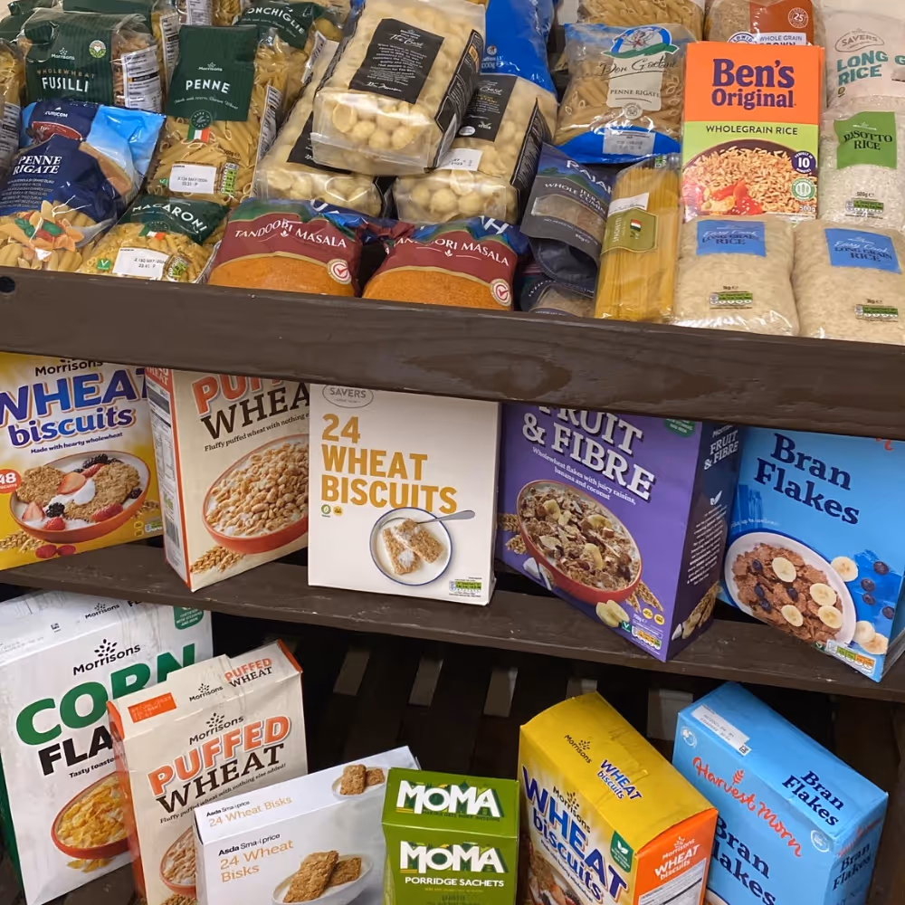 Packets of pasta and cereal at a foodbank