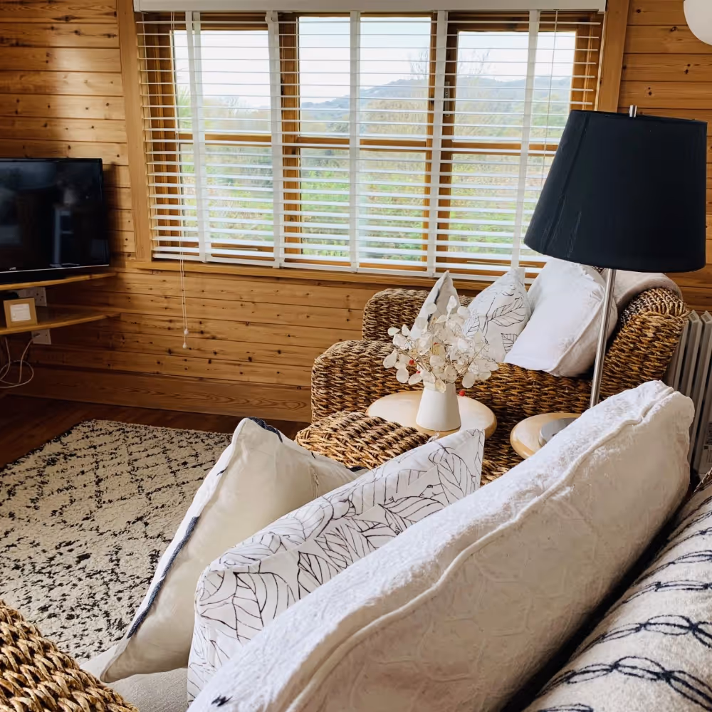 Inside a cosy wooden cabin