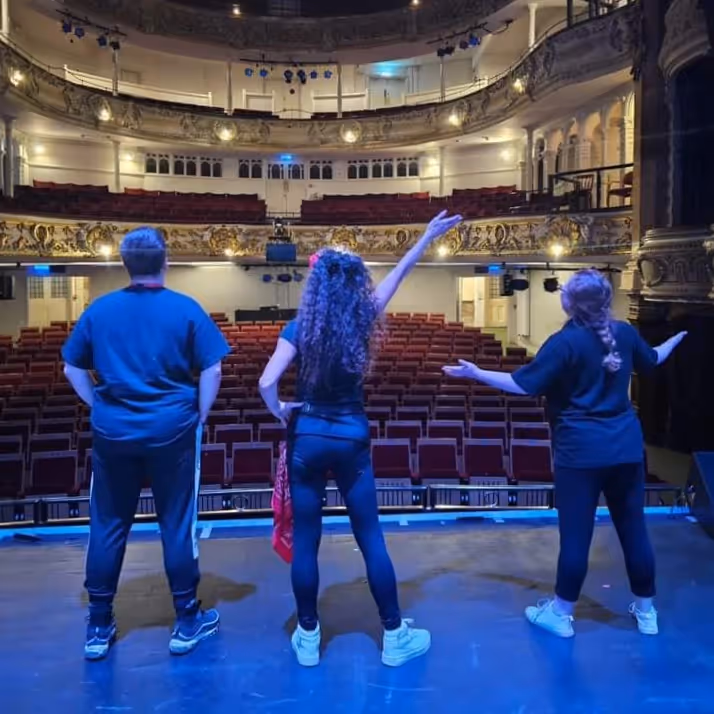 A people on a stage looking out towards the seating