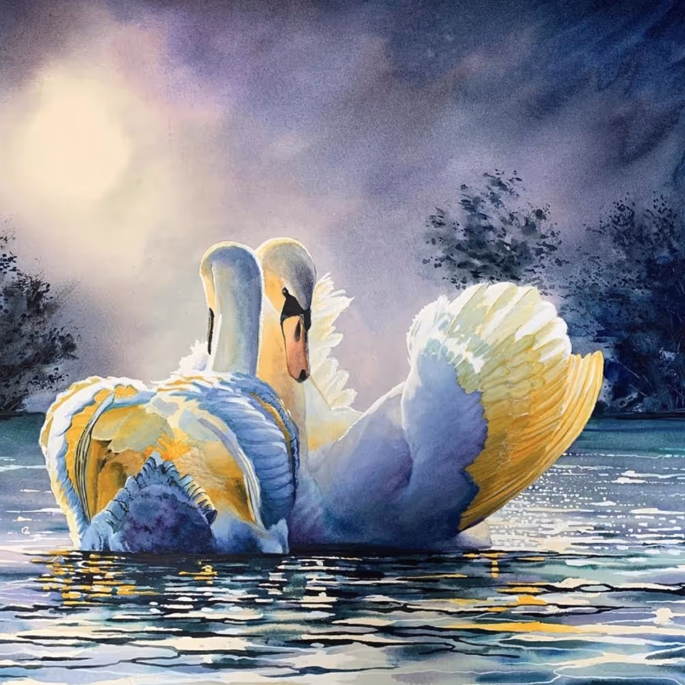 A painting of two swans