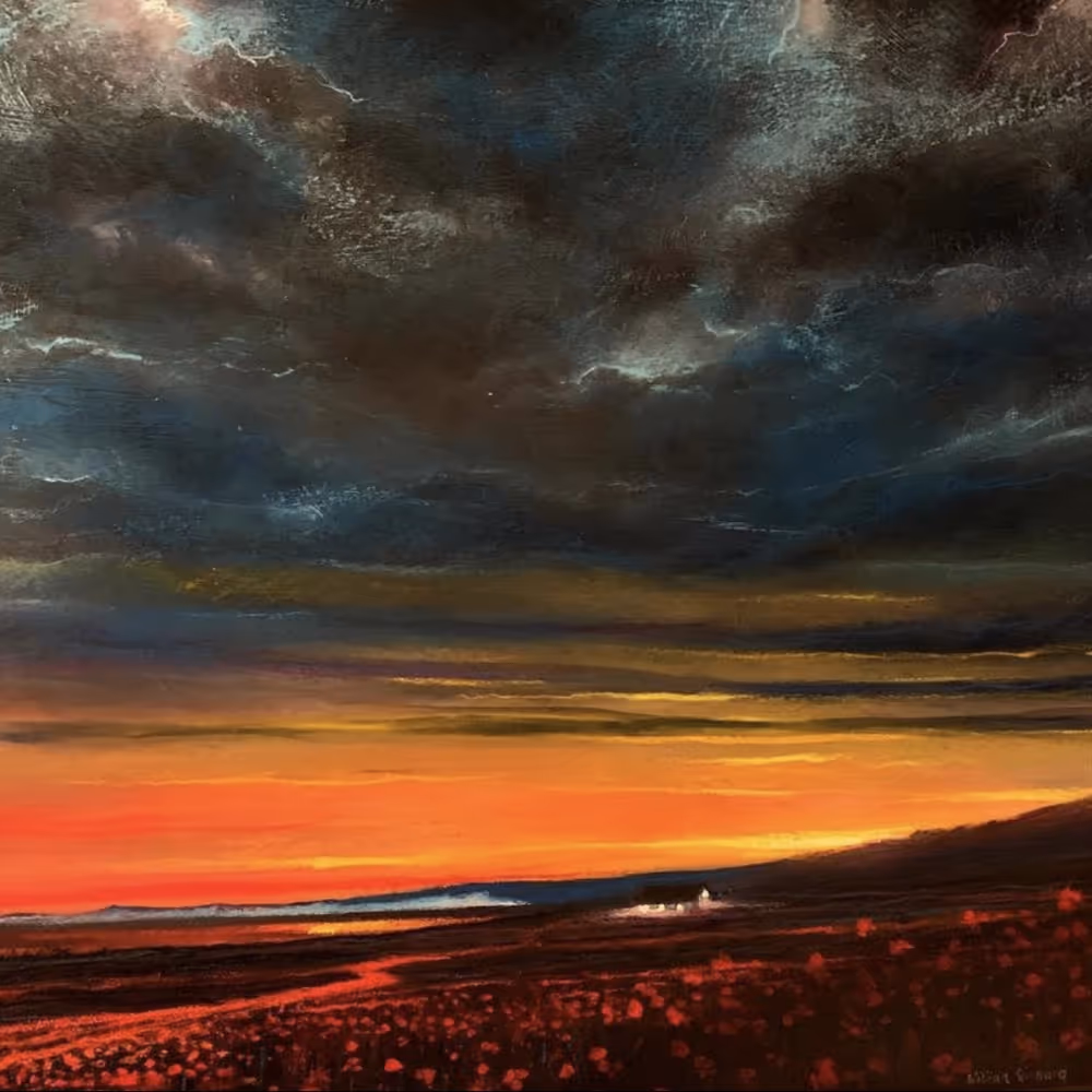 A painting of a sunset over the coastline