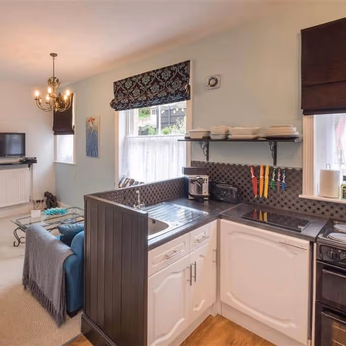 An apartment with open plan kitchen living space