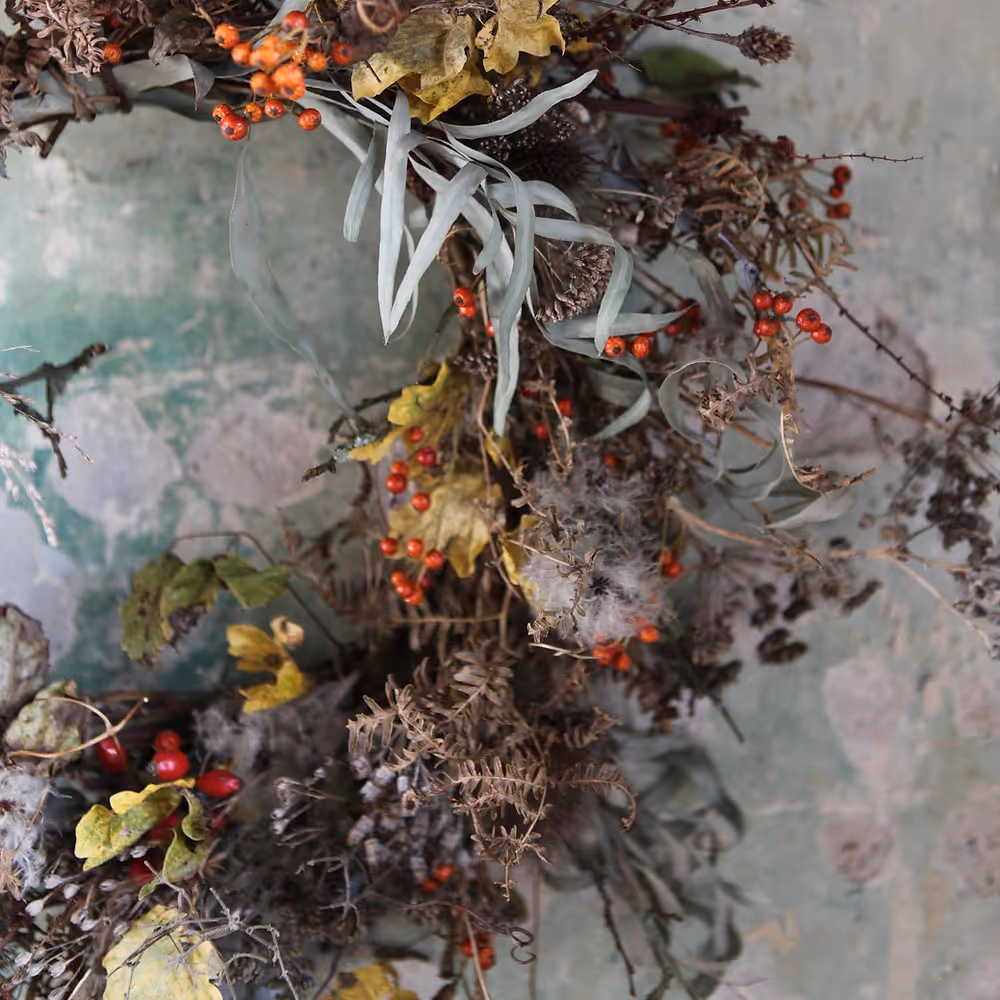 A wreath made from autumnal dried flowers