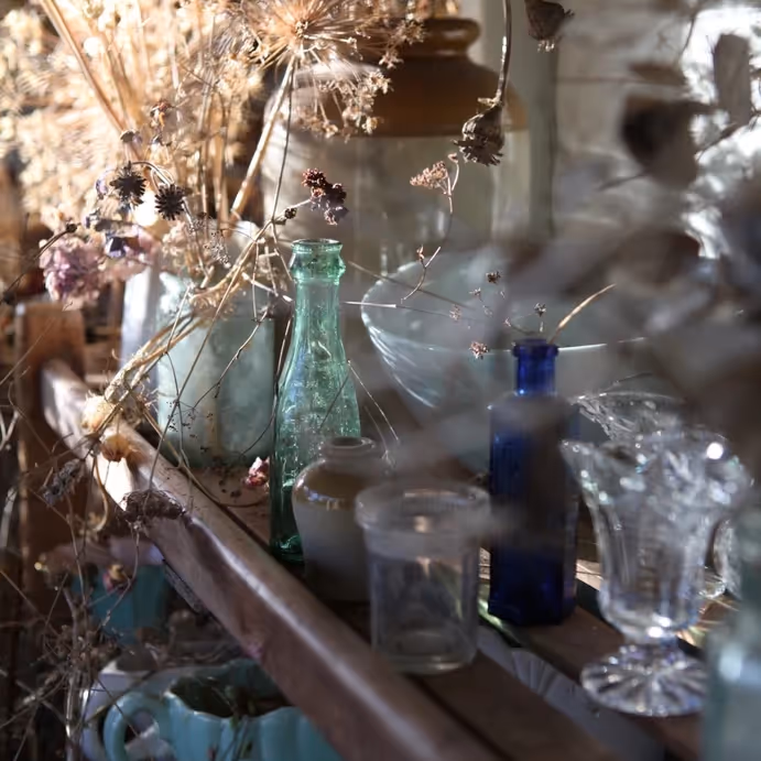 Dried grass stems and vintage glassware on a wooden display shelf