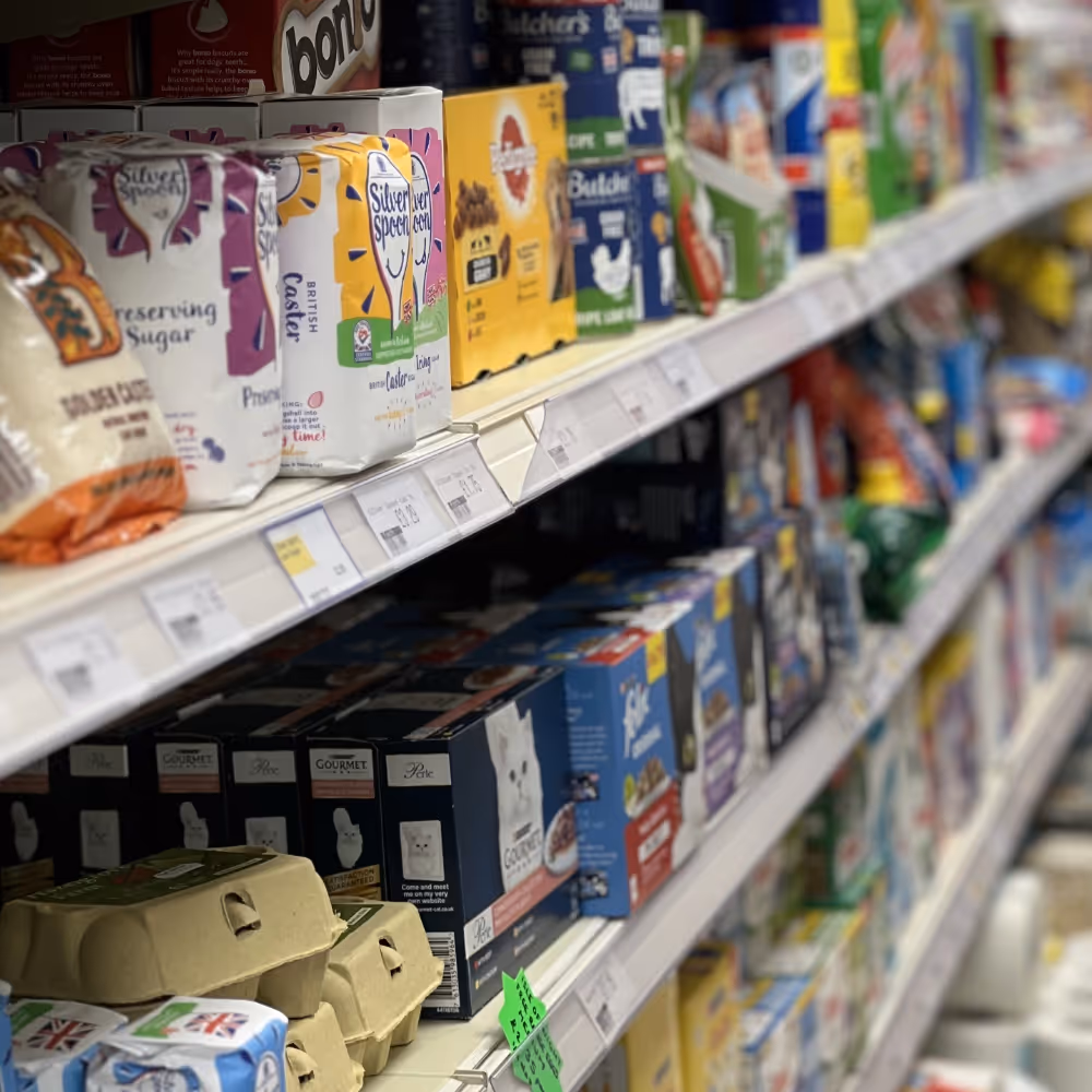 Goods on shelves in a grocery store