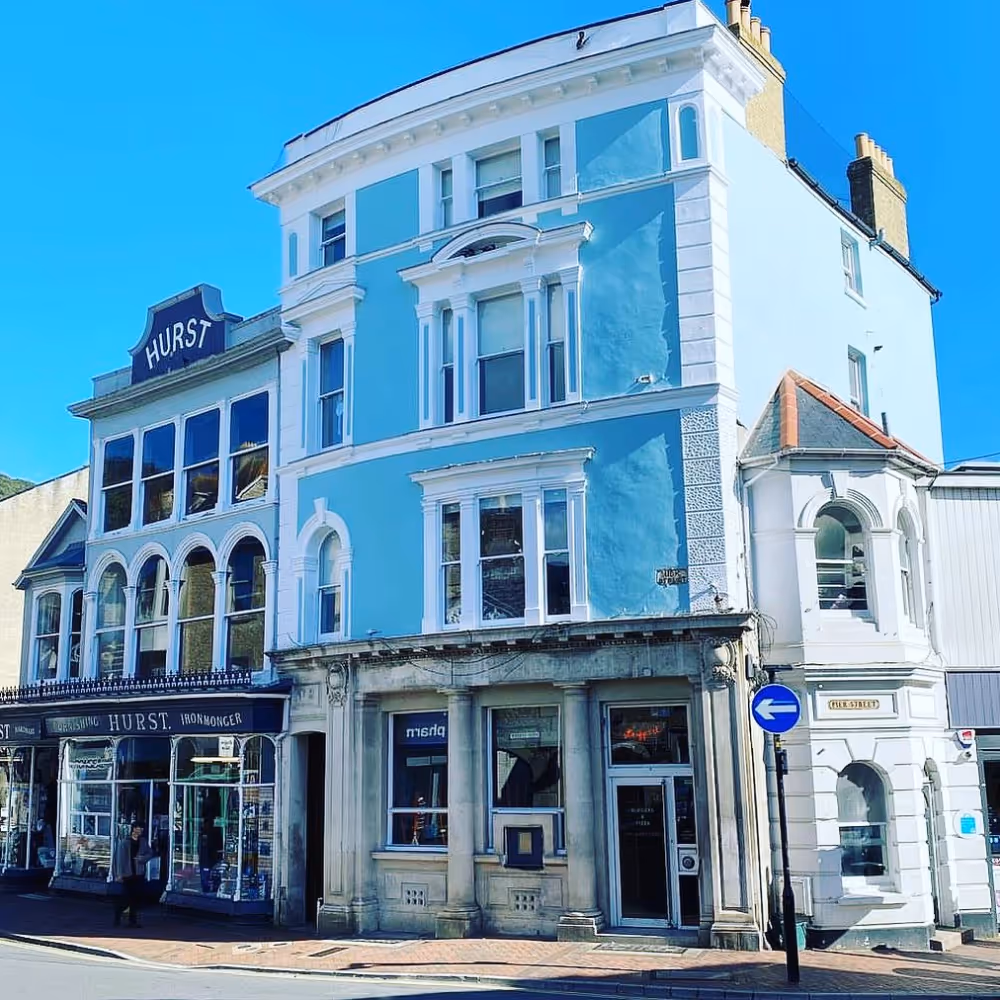 Exterior of a restaurant within a Victorian building