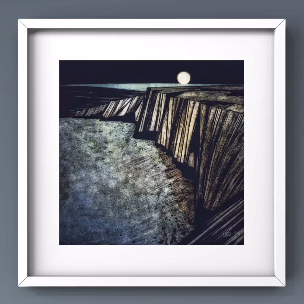 A painting of coastal cliffs in moonlight