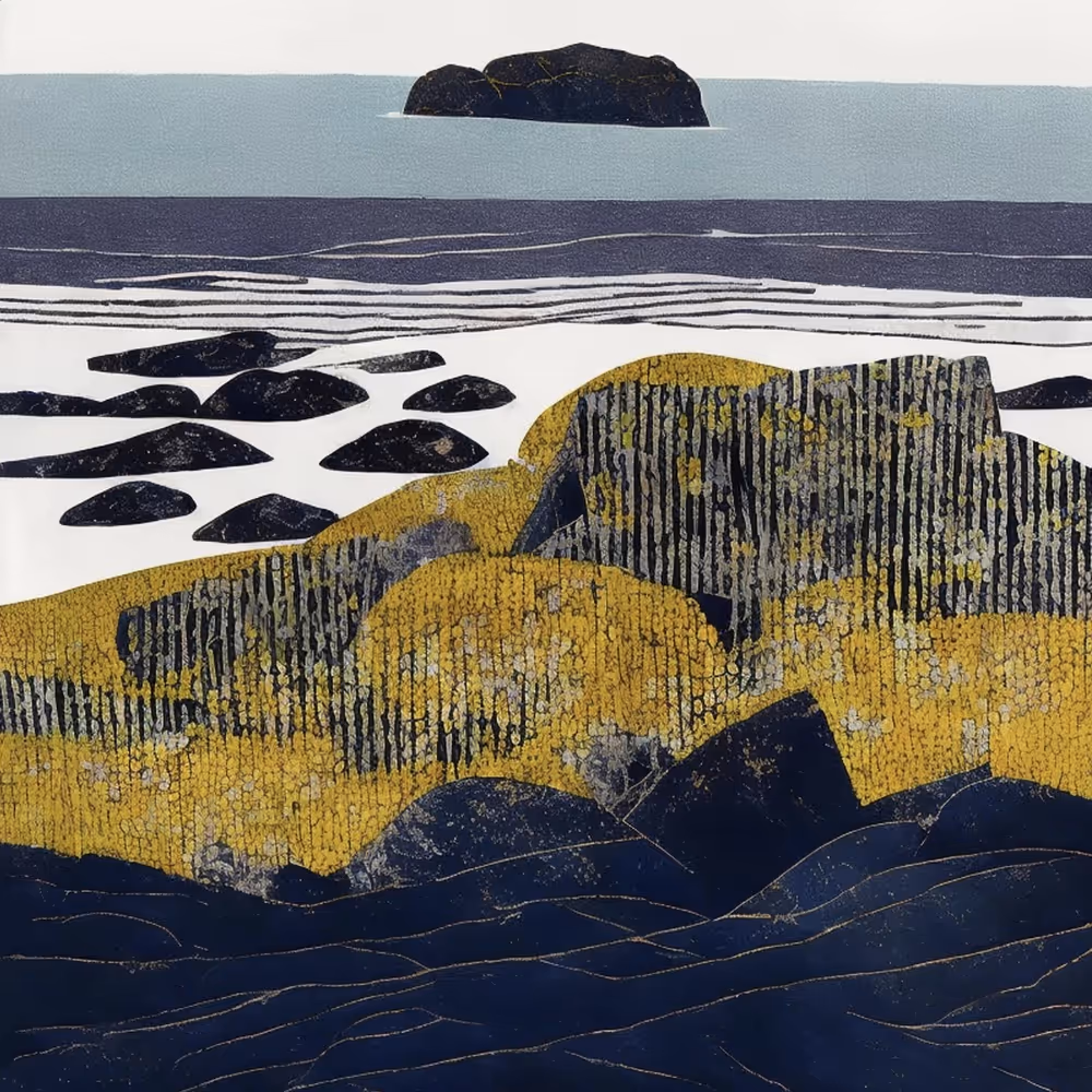 A painting of rocks on the shore