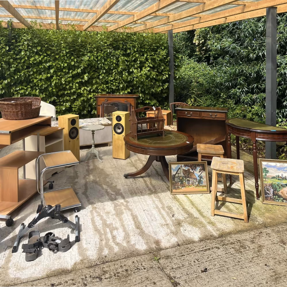Antique furniture at an outdoor sale
