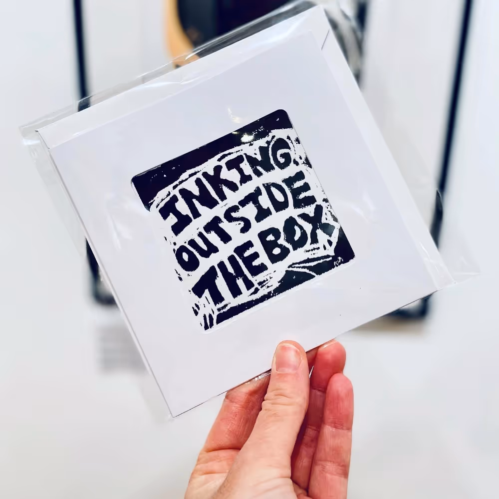 Black and white screenprinted greetings card