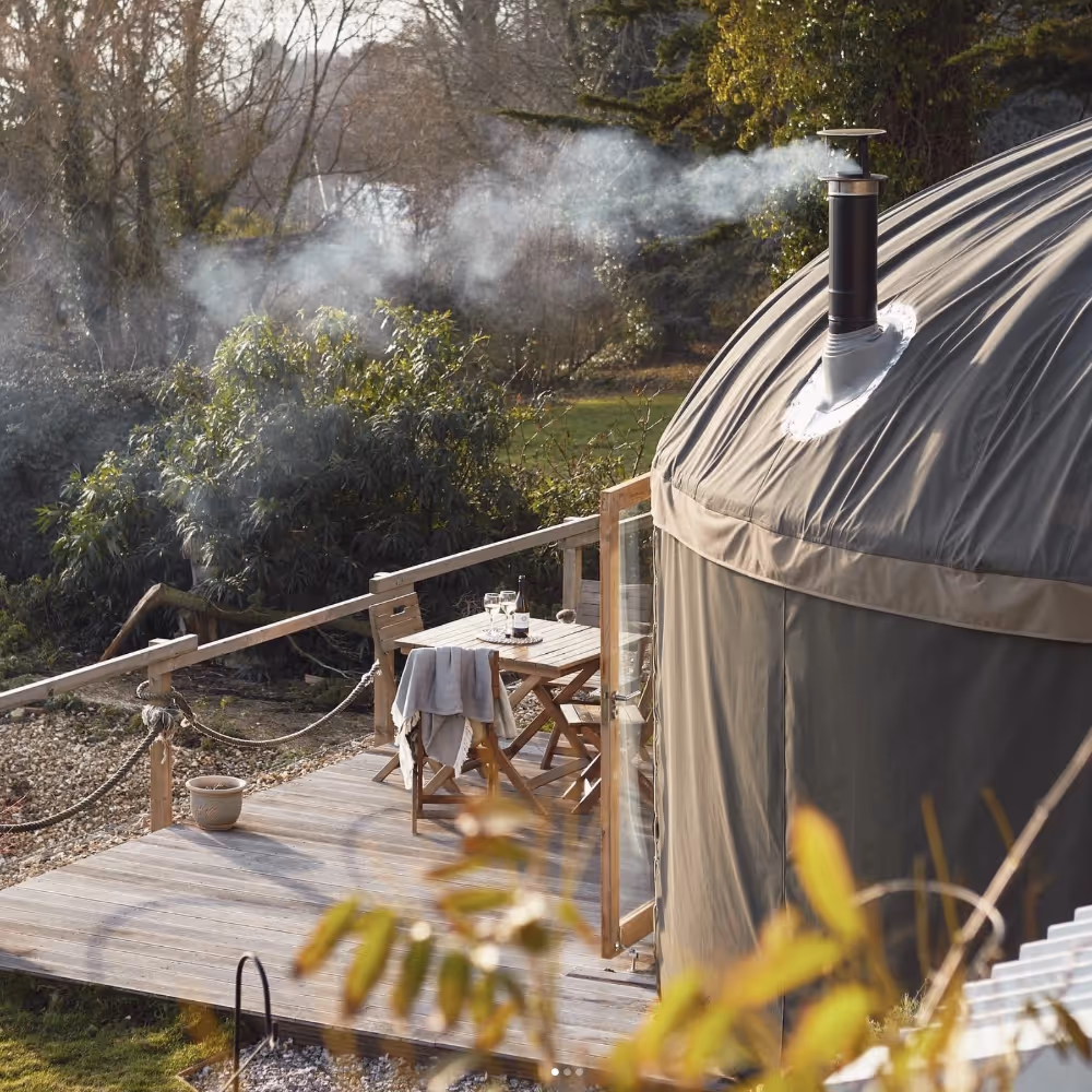A glamping yurt and outdoor deck
