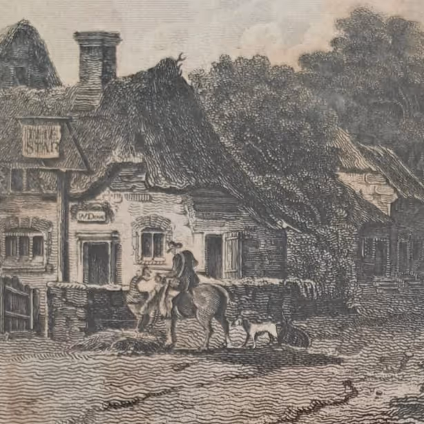 An antique drawing depicting an old pub
