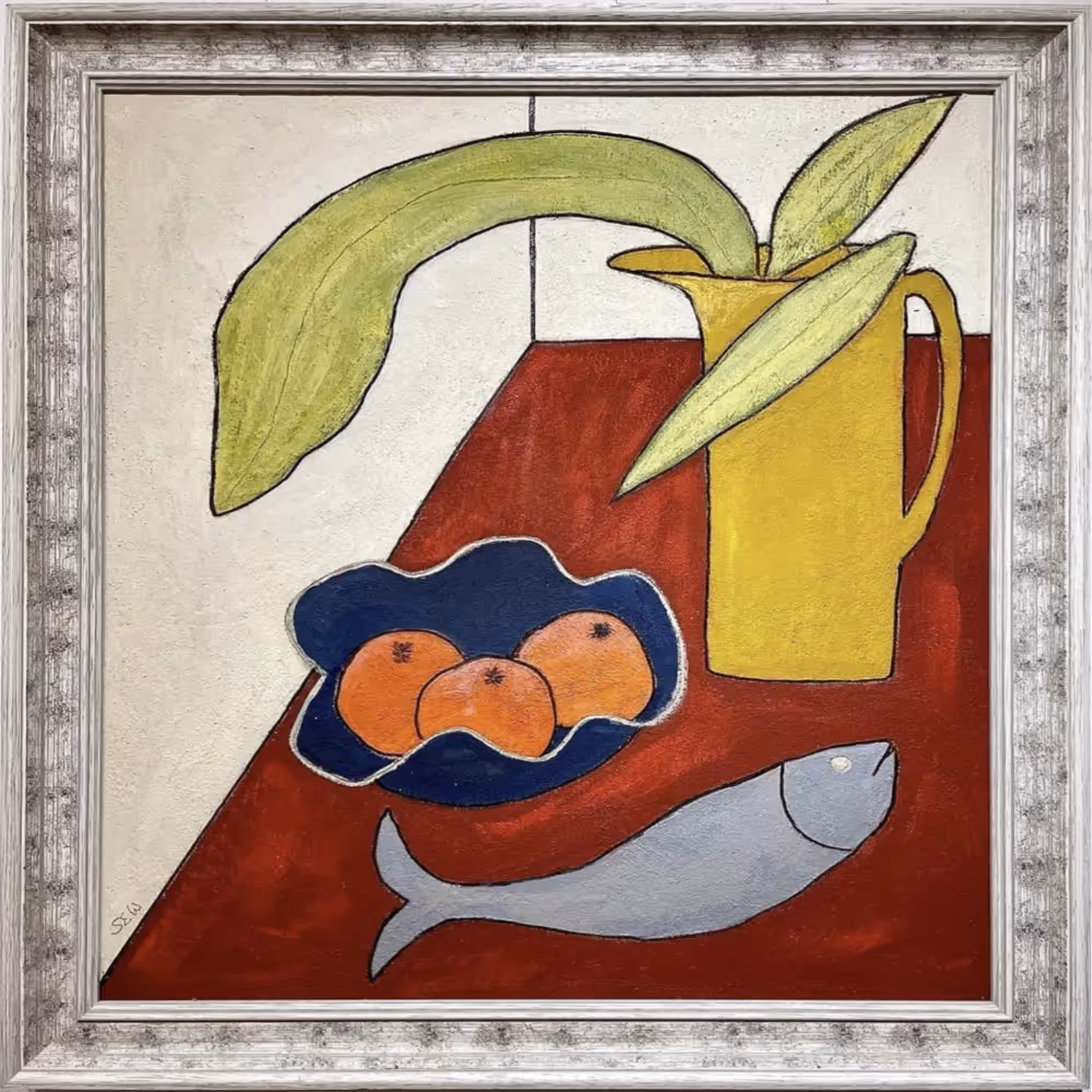 A framed abstract painting of a jug with a bowl of oranges and a fish