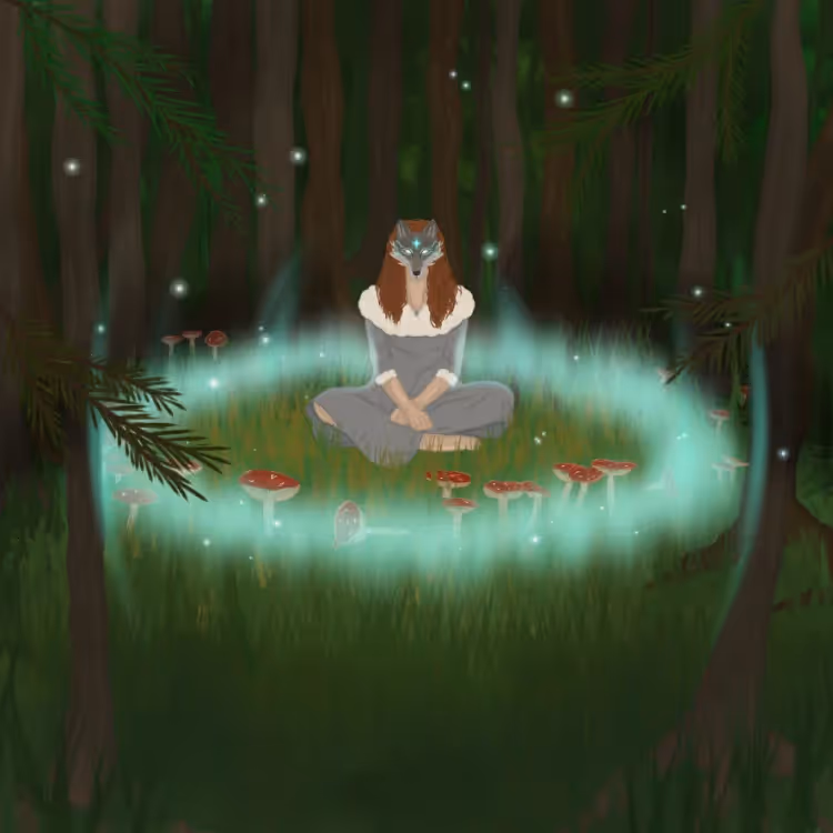 Fantasy art of a wolf woman in a forest