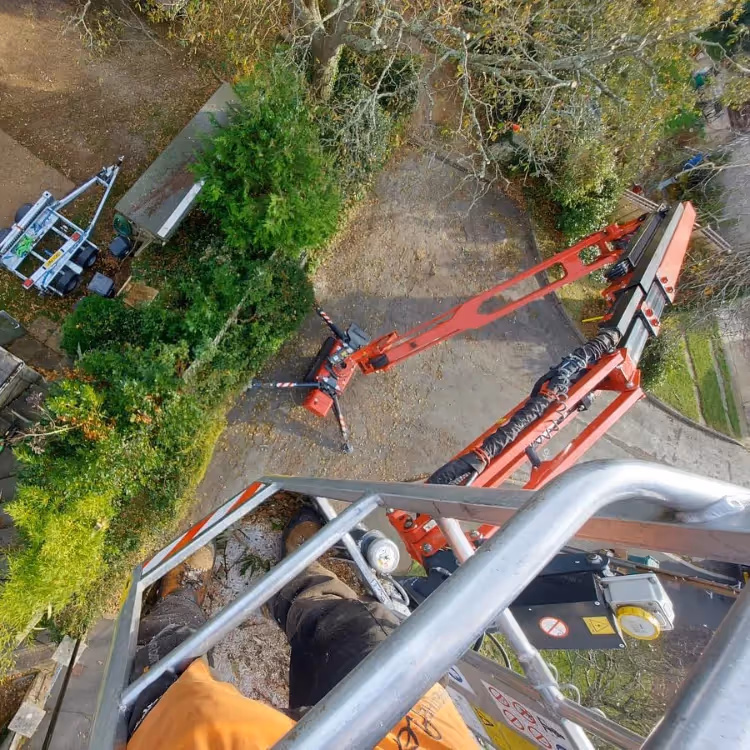 A long view down to the ground from a cherry picker