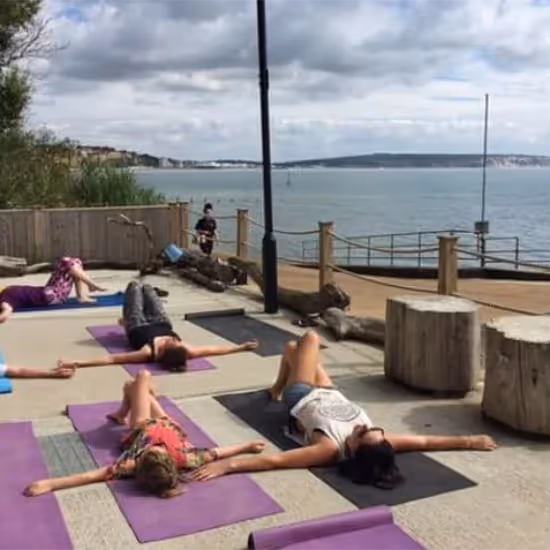 An outdoor yoga class