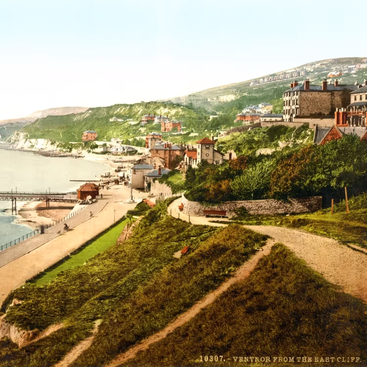 An old postcard depicting a seaside town