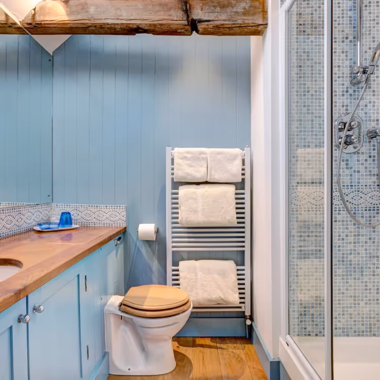A blue farmhouse style shower room
