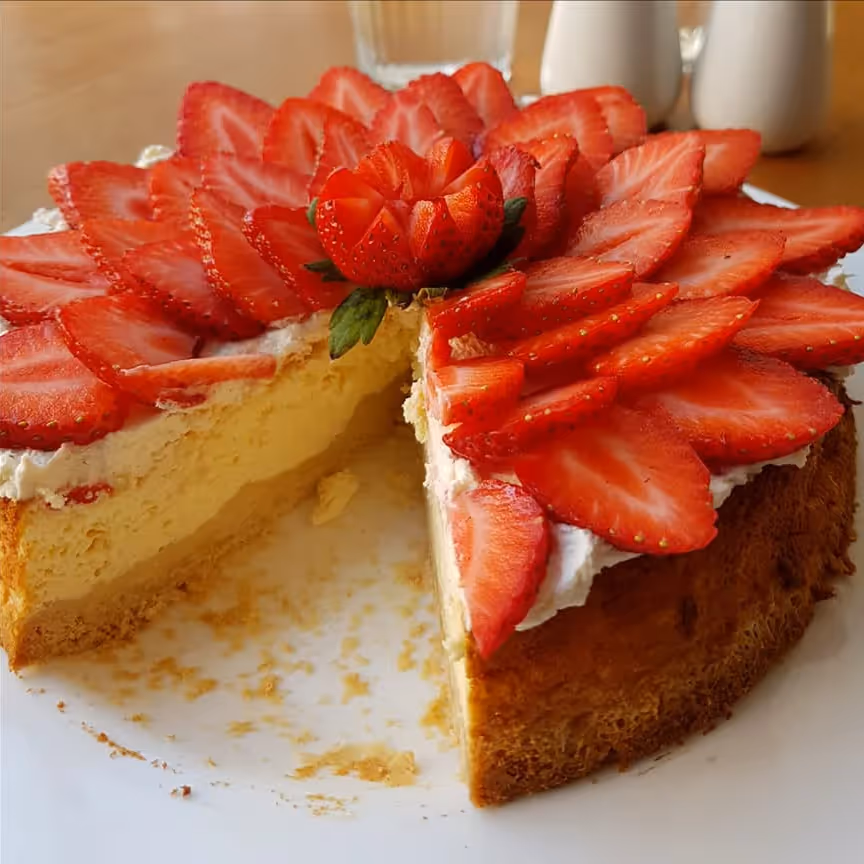 A sponge cake topped with strawberry slices
