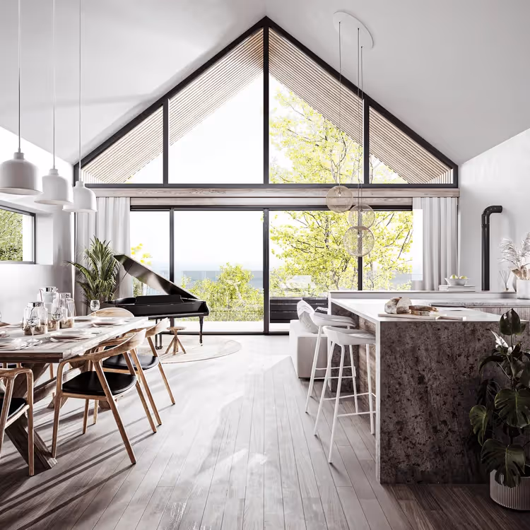 A modern kitchen with a vaulted ceiling