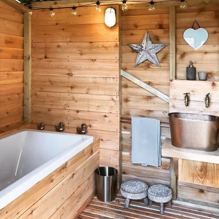 A bathroom in a wooden cabin