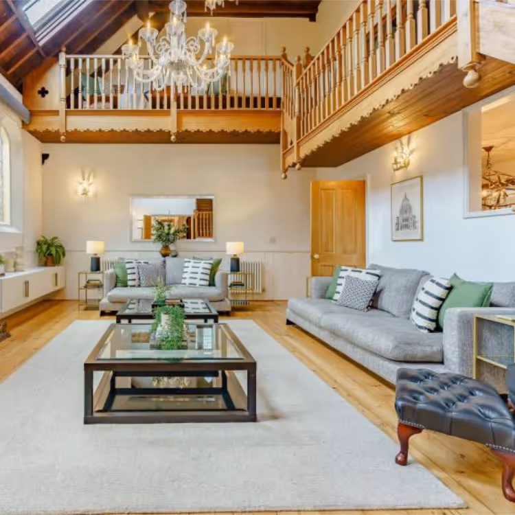 A lofty living space in a converted chapel