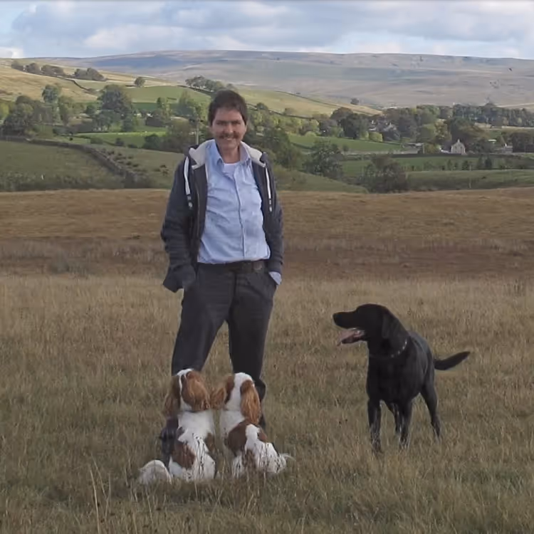 A man in a field with his dogs