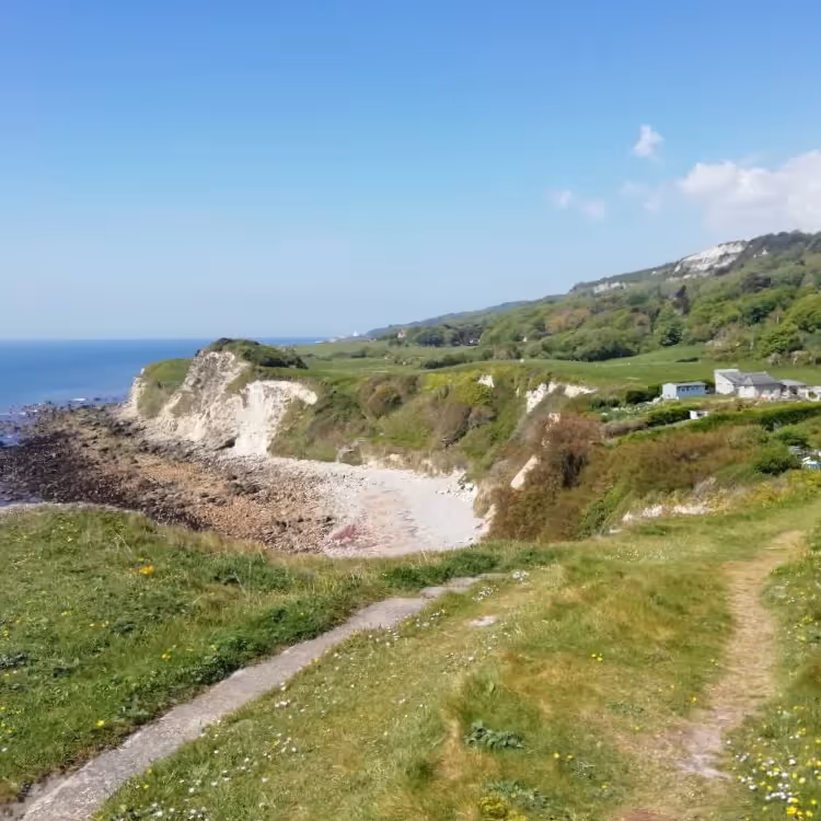 A coastal path with a view of a cove below