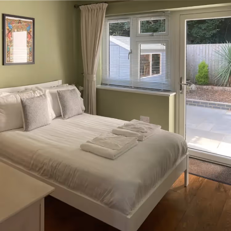 A green bedroom with a door opening out onto the garden