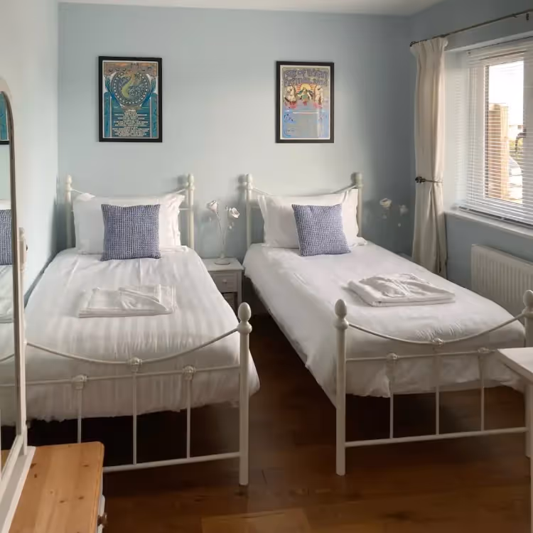 An aqua bedroom with twin beds
