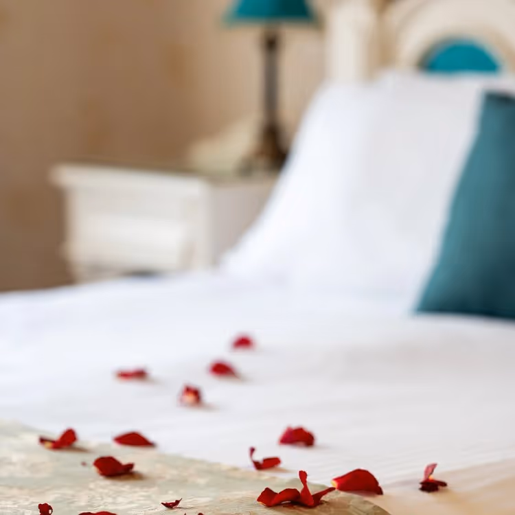 A hotel bedroom with rose petals on the bed