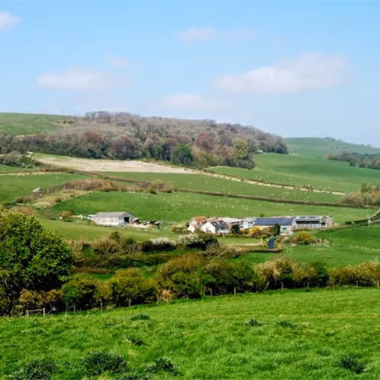Views across downland to a farm below