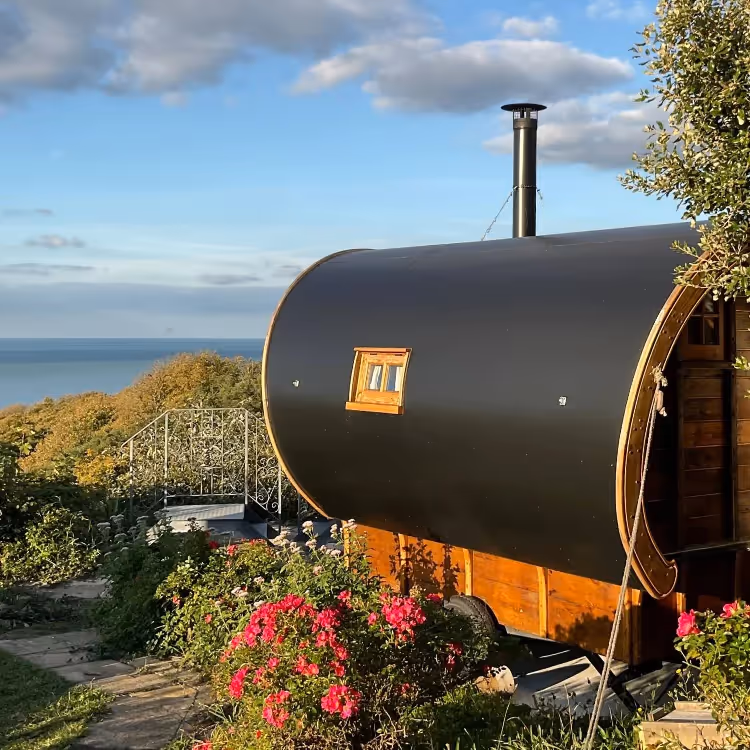 A glamping shepherds hut overlooking the sea