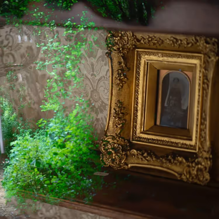 An antique frame on a table next to some plants