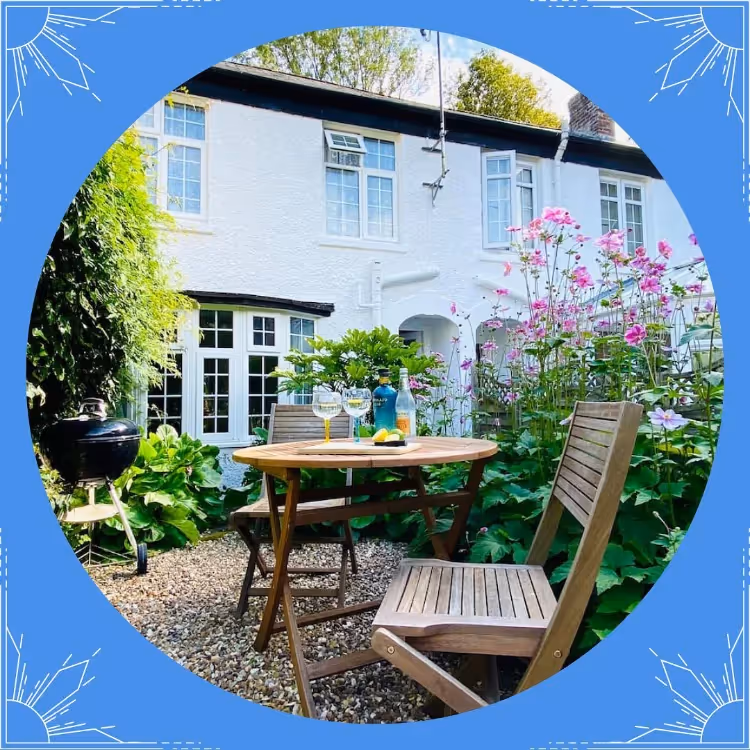 A photo of a garden within a circular graphic