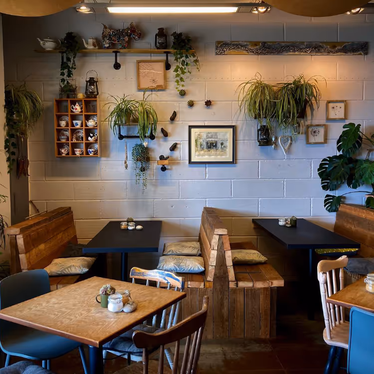 Bench seating in a vintage cafe