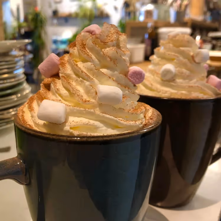 Two mugs of hot chocolate topped with whipped cream and marshmallows