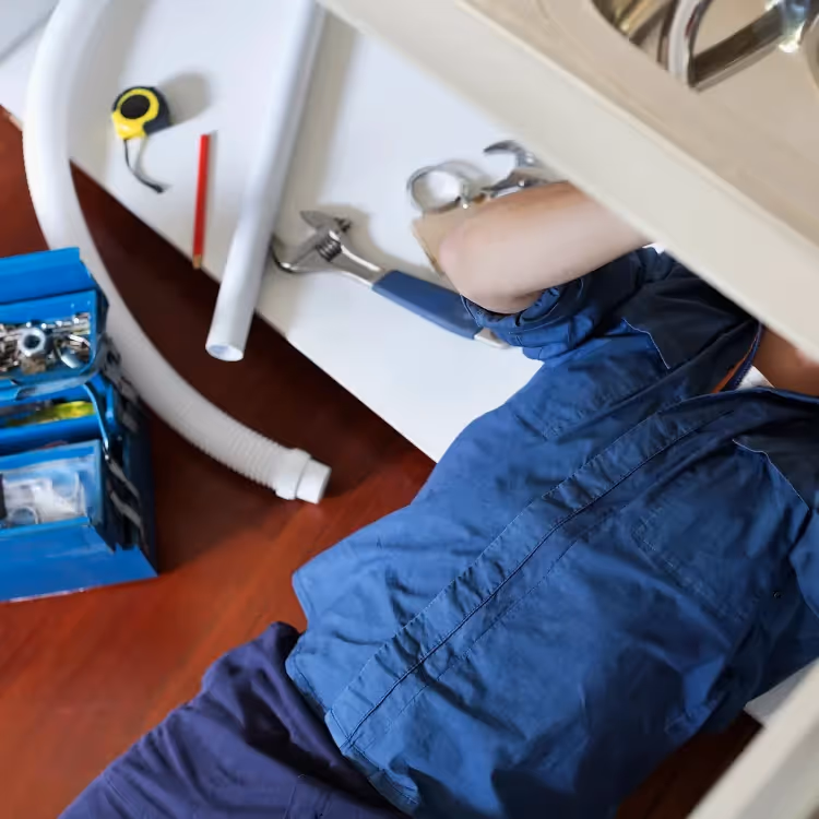 A plumber working under a sink